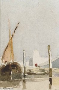 A Barge Near Mooring Posts — Peter De Wint