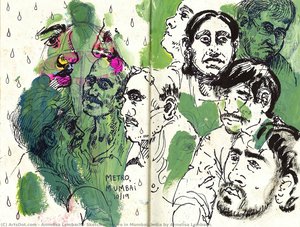 Sketch Of Metro In Mumbai, India By Annelisa Leinbach — Annelisa Leinbach, Contemporary Realism