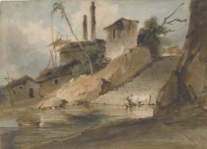 Une Figure Assise Avec Une Vache Au Bord D'un Réservoir — George Chinnery