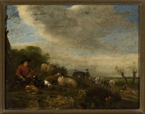 Shepherd With Goats And Sheep And A Carriage On The Right — Йоханнес Лингельбах