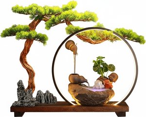 Cascading Bonsai Waterfall Fountain With Led Illumination, Contemporary Sculpture Resin Sculpture Indoor Fo