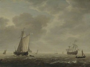 A Dutch Man Of War And Various Vessels In A Breeze — Simon Jacobsz De Vlieger