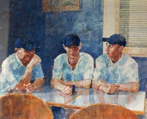 Three Kitchen Staff On A Break In The Blue Spa Dining Room — John Michael Whiskerd