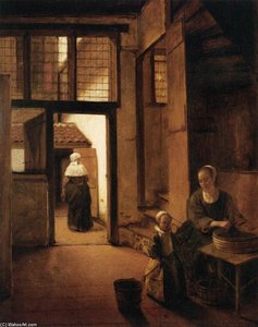 Woman Peeling Vegetables In The Back Room Of A Dutch House — Pieter De Hooch, Dutch Golden Age