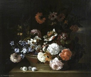 Flowers In A Basket On A Ledge — Jean Baptiste Monnoyer
