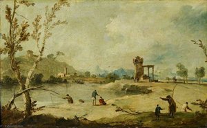River Landscape With A Ruined Tower And A Distant Village — Francesco Lazzaro Guardi