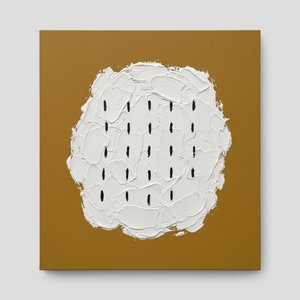 Monolithic Ochre Horizon With Sculptural White Impasto And Rhythmic Midnight Marks — David Moreau, Plaster & Texture Art