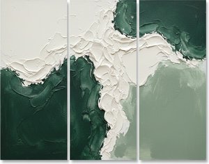 Ethereal Glacial Crest: A Monumental Triptych Of Verdant Depths And Sculptural White Relief — David Moreau