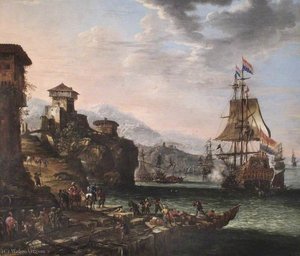 Italian Port Scene With Vessels Saluting — Johannes Lingelbach