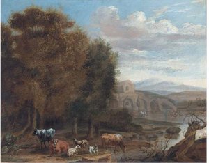 Cattle And Goats Resting By A Lake — James Stark