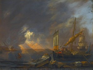 A Mediterranean Coast At Dawn With A Galliot Preparing To Unload Its Cargo Beside Classical Architectural Fragments, A Frigate Being Caulked Beyond — Lieve Pietersz Verschuier
