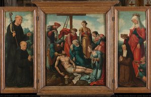 Triptych with the Lamentation of Christ (center), flanked by the male Donor with Saint Benedict (left, inner wing) and female Donor with Saint Elizabeth of Thuringia (right, inner wing), Cornelis Cornelisz II Buys (attributed to), c. 1540 - c. 1545