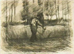 Wheat Field With Trees And Mower — Vincent Willem Van Gogh, Contemporary Realism