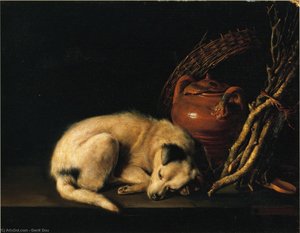 A Sleeping Dog Beside A Terracotta Jug, A Basket, And A Pile Of Kindling Wood — Gerrit Dou