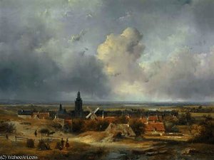 Summer In Holland - A Panoramic View Of A Village In The Dunes — Andreas Schelfhout