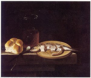 English Still Life with Herring, Bread, and Glass of Beer
