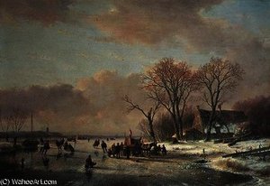 Winter River Landscape With Numerous Skaters — Andreas Schelfhout