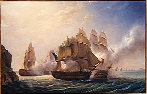 COMBAT DU VAISSEAU FRANCAIS LE ROMULUS CONTRE TROIS VAISSEAUX ANGLAIS A L'ENTREE DE LA RADE DE TOULON.13 FEVRIER 1814