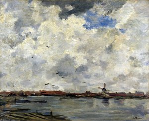A Windmill And Houses Beside Water - Stormy Sky — Jacob Henricus Maris