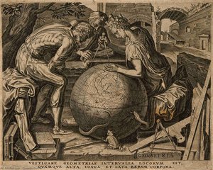 A woman with a castle on her head traces a compass across
