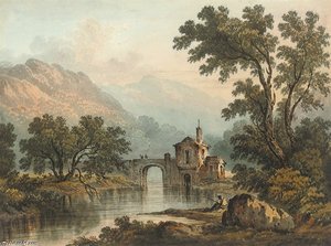An Angler In A Landscape With A Bridge And Hills Beyond — Hugh William Williams