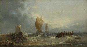 Stormy Seascape with Sailing Boats and a Rowing Boat Close to a Beach
