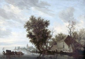 River Scene With A Ferry Boat — Salomon Van Ruysdael, Dutch Golden Age