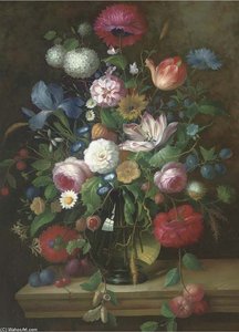 An Impressive Still Life Of Flowers On A Stone Ledge — Thomas George Webster