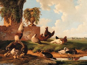 Rooster, Ducks, Chickens And Chicks By A Ruin Along A Stream
