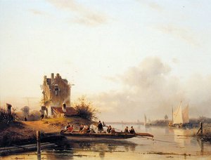 Riverlandscape With Ferry Sun — Charles Henri Joseph Leickert