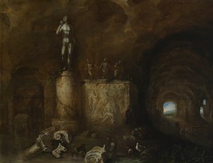 Inside Of A Cave With Sculptures And Sleeping Shepherds — Abraham Van Cuylenborch
