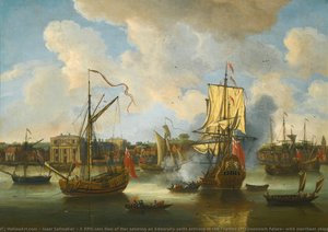 A fifth rate Man of War saluting an Admiralty yacht arriving in the Thames off Greenwich Palace, with merchant shipping beyond