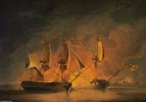 Action At Sea - An English And A French Frigate Engaging