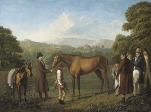 A Bay Racehorse Held By A Trainer In An Extensive Landscape, With Jockey And Other Figures Nearby — Jacques Laurent Agasse