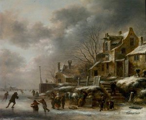 Winter Scene, River With Figures Skating