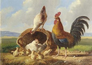 A Rooster, Chickens And Chicks In A Landscape — Albertus Verhoesen
