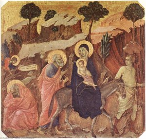 Дучио Ди Буонисегна 42 X 44 Cm Византijski Ikonografija, Italijanske Renesansne Senzibiliteti Темпера На Дървесен Панел Ран Ренесанса, Византийско Изкуство Средновековен, Ран Ренесанс, Стилизиран Религиозен Сцена - Светата Фамилия Бяга В Египет Let — Дучио