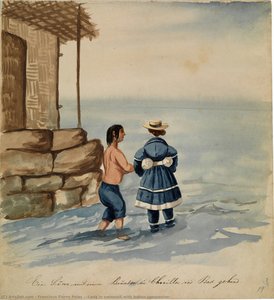[Lady in swimsuit with Indian companion]