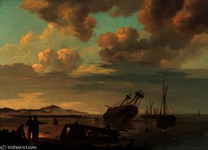 A beached three-master with beachcombers along the shore
