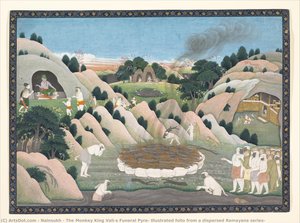 The Monkey King Vali's Funeral Pyre: Illustrated folio from a dispersed Ramayana series