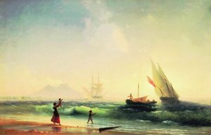Meeting Of A Fishermen On Coast Of The Bay Of Naples — Ivan Konstantinovich Aivazovsky, Romantic Landscape Painting