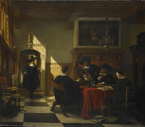 Gezelschap in 17e-eeuwse dracht bij een tafel waarop een Nautilusbeker, Johannes Stroebel, 1873