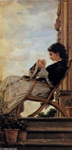 Woman Sewing On The Terrace — Cristiano Banti