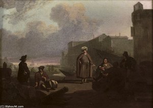 An Italianate Harbour With Merchants Conversing On A Quay — Wigerus Vitringa