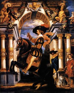 Cavalier executing a Levade, in front of a portal