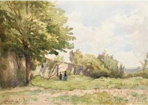 Wooded Landscape With Two Figures Against A Wall — Henri-joseph Harpignies