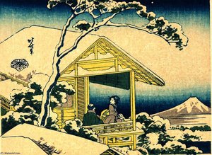 Man And Woman Admiring Mount Fuji From A Snowy Pavilion — Katsushika Hokusai