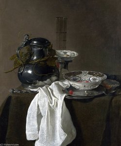 Still Life with a Pewter Flagon and Two Ming Bowls