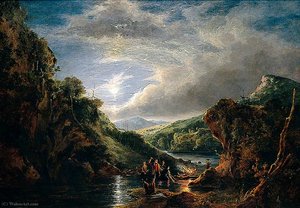 Entrance to Loch Katrine, Moonlight, Highlanders Spearing Salmon