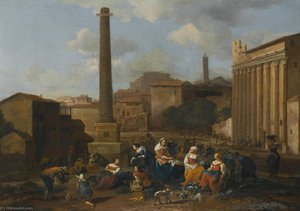 figures resting in a capriccio view of the Roman forum